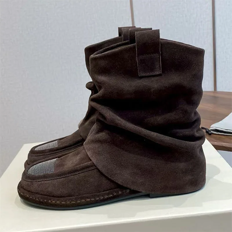 

Новые женские сапоги до середины икры, качественные замшевые ботинки с бусинами и круглым носком на плоской подошве, женские современные короткие ботинки, повседневные женские ботинки в уличном стиле