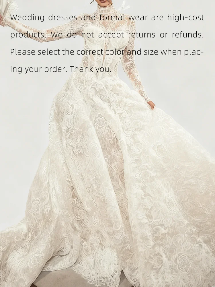 Luxury High Collar Lace Full Sleeve A-Line Bride Wedding Dresses Bridal Gowns Customized