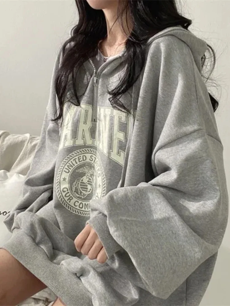 Jmprs Oversize Lazy Wind Hoodies Women Korean Harajuku Letter Loose Sweatshirt Casual Zipper Long Sleeve Bf Vintage Pullovers