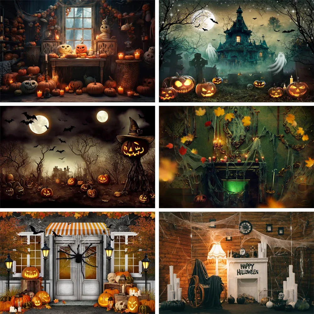 

Happy Halloween Photography Backdrop Cemetery Foggy Forest Castle Night Festival Party Banner Kid Portrait Background Photo Prop
