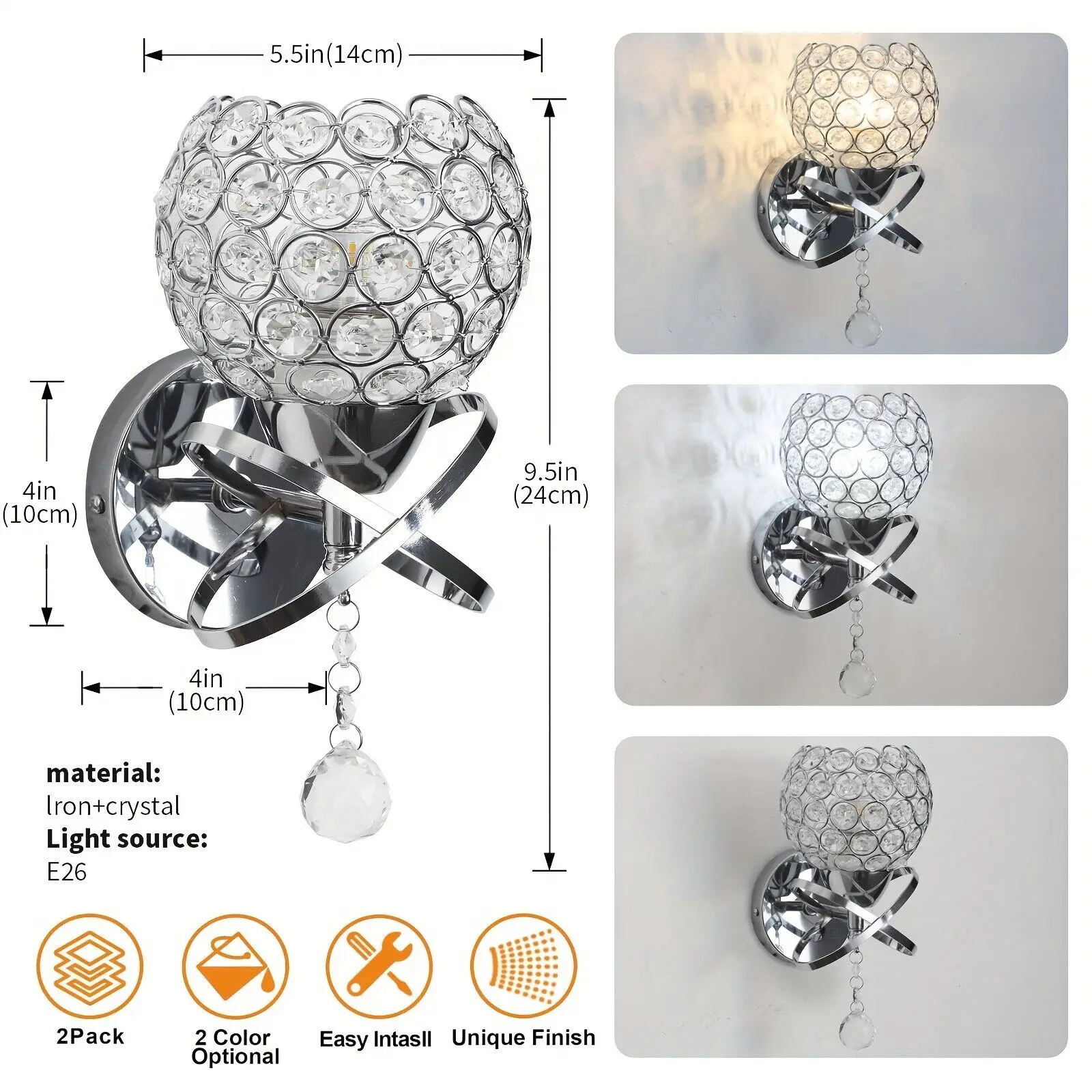 โคมไฟติดผนังคริสตัลสีเงินวินเทจชุด 2 ชิ้นเหมาะสําหรับห้องนั่งเล่นทางเดินโคมไฟแหล่งกําเนิดแสงสีคู่
