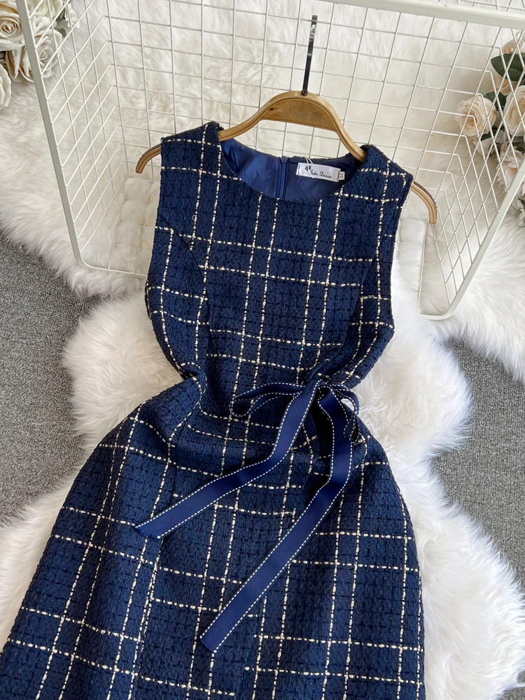 OCEANLOVE Tweed Plaid abiti da donna senza maniche moda coreana eleganti abiti Mujer primavera autunno dolce a-line Mini abito