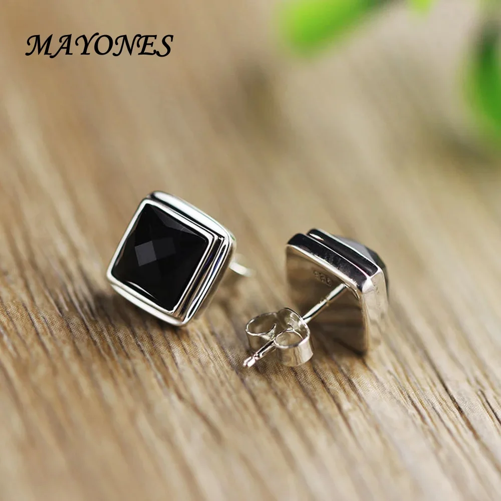 Real Solid 925 Sterling Silver Square Stud Earrings For Men With Natural Faceted Black Onyx Stone Simple Punk Jewelry