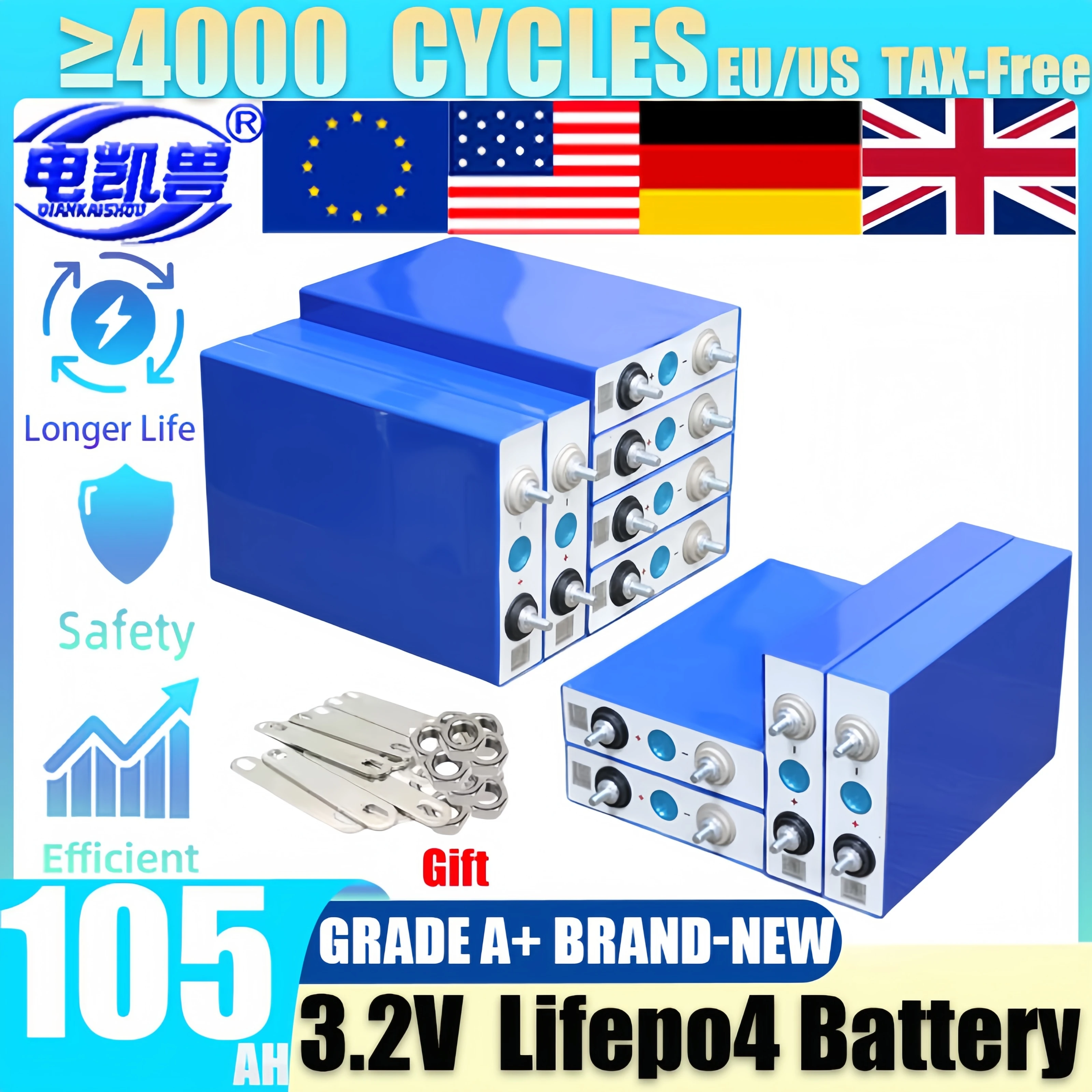 

Grade A 3.2V 105Ah LiFePO4 Rechargeable battery 4000 Cycles 12V 24V 48V for Electric car EV RV Solar Energy Golf Cart TAX FREE
