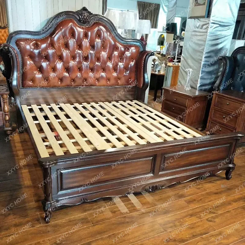 

Кровать из натуральной кожи (первый слой воловьей кожи), 1.8м, для главной спальни, классическая, с мягкой обивкой, простая, свадебная