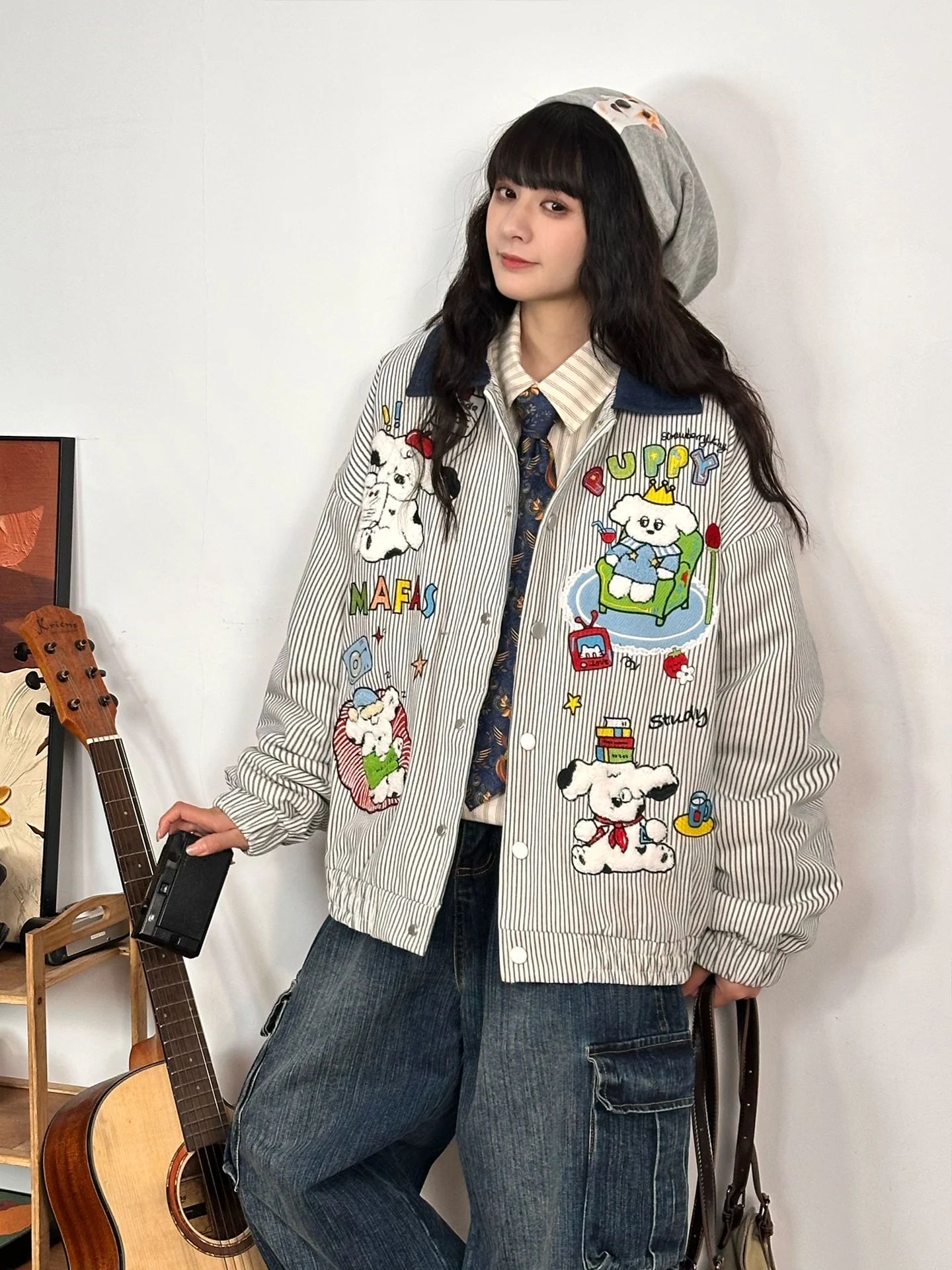 

Утепленное хлопковое пальто женское свободного кроя в полоску с вышивкой, теплое зимнее верхнее пальто в уличном стиле, повседневное, с длинными рукавами