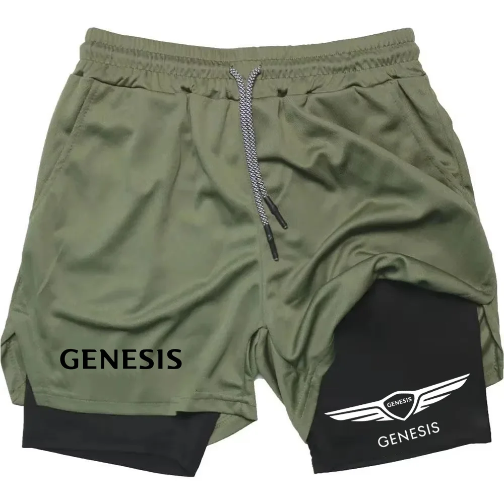 

2025 New Genesis Men's Double Layer Shorts Gym Sports Printing Multi functional Training Fast drying Running Pants Towel Pants