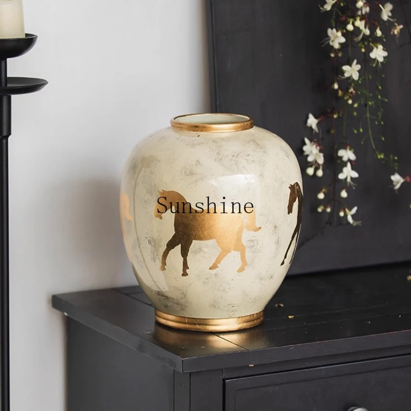 

Entrance living room "Golden Horse Yutang" lucky ornament vase dining table flower arrangement gilt wealth treasure bottle
