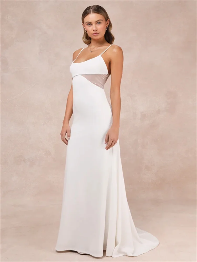 

New Arrival Scoop Neckline Thin Straps Straight Wedding Dress Elegant Open Back Zipper Floor Length Sweep Train Gown For Bride