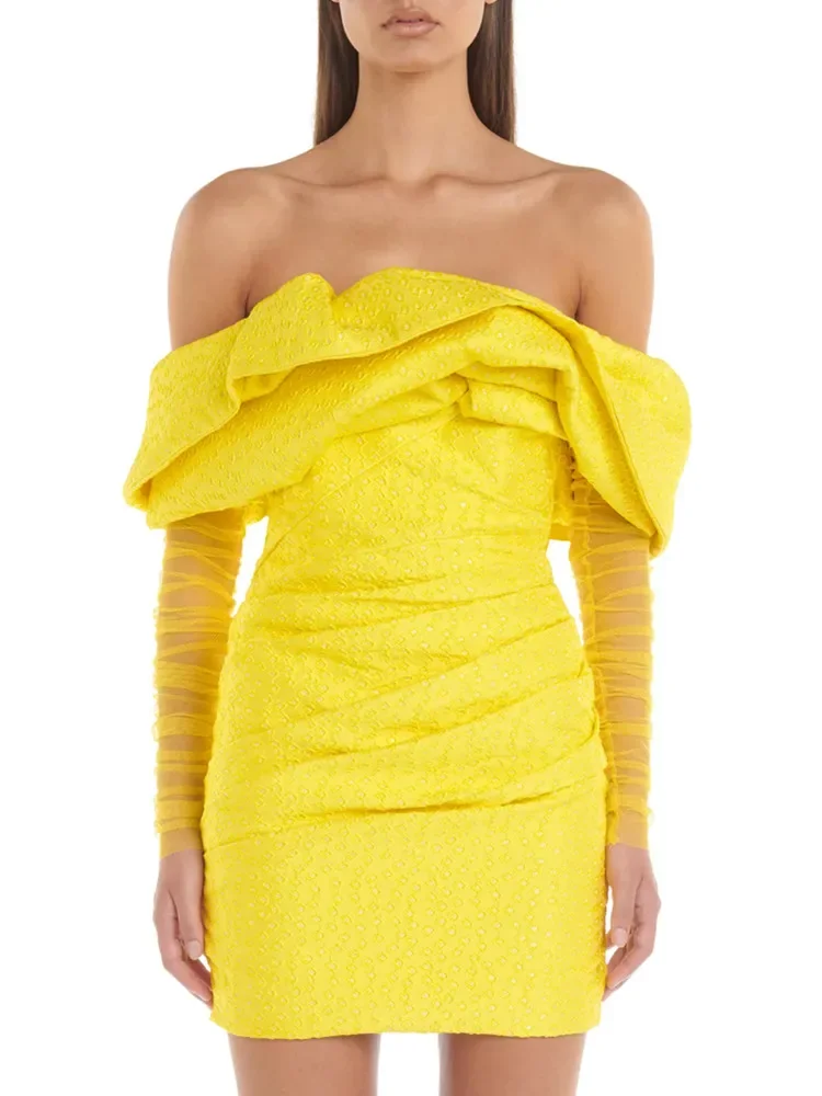 

Women Summer Designer Yellow Off Shoulder Long Mesh Sleeve Bodycon Mini Party Dress High Street Celebrity Wedding Guest Dress