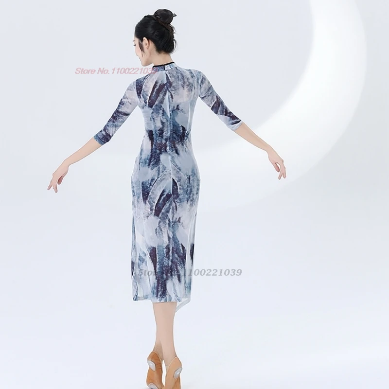 2025 costume da ballo vintage cinese pittura a inchiostro nazionale abito qipao elastico cheongsam performance sul palco pratica abito da ballo