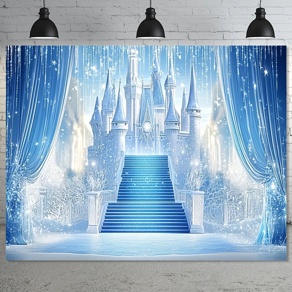 1 pièce enchanteresse fond de château de glace congelée-pays des merveilles d'hiver magiques avec château bleu et lumières scintillantes