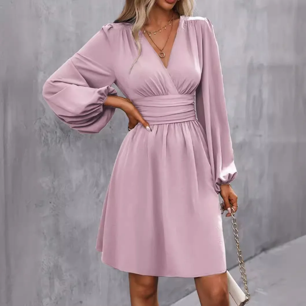 

Spring/Summer Women's Dress Solid Color Chest Wrapping V-neck Lantern Sleeve Dress Women's Clothing