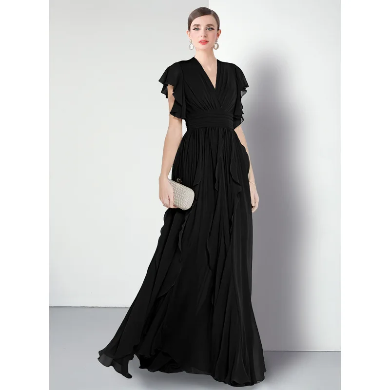 

Cross-Border Stationary Women's Long Evening Gown Patchwork Dr Lantern Sve round Ne mid Waist Long Skirt Length