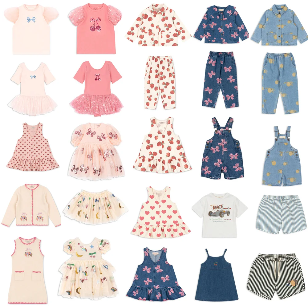 Girls Dress 2025 Summer Kids Tee and Shorts Set Heart printed Lace T Shirt Denim Overalls Children Princess Dresses Clothing