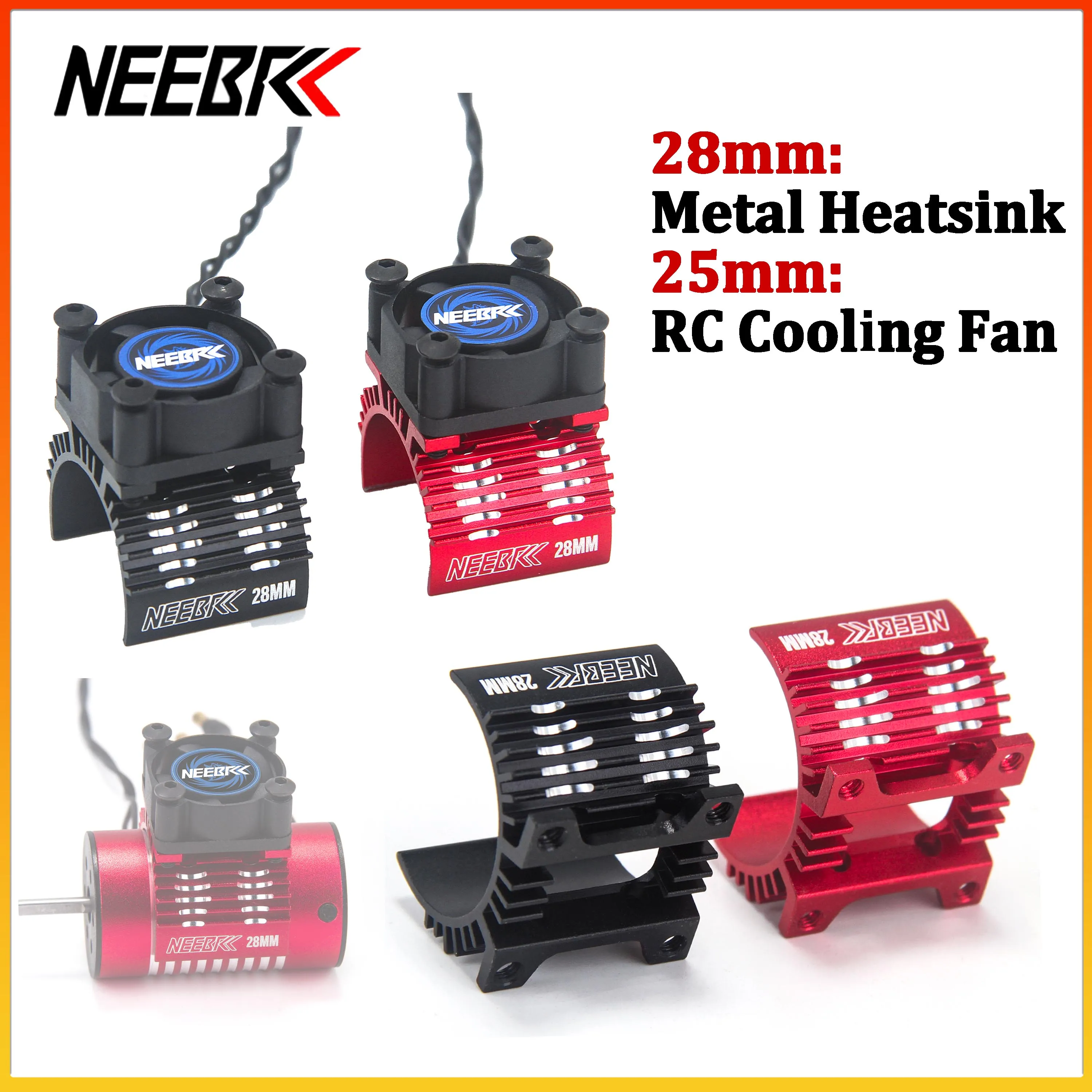 NEEBRC Support de dissipateur thermique en métal 28 mm, ventilateur de refroidissement de moteur 25 mm, 5-12 V pour voiture RC 1/14 1/16 1/18, pièce de mise à niveau pour moteur 2838 2845 2848 2850