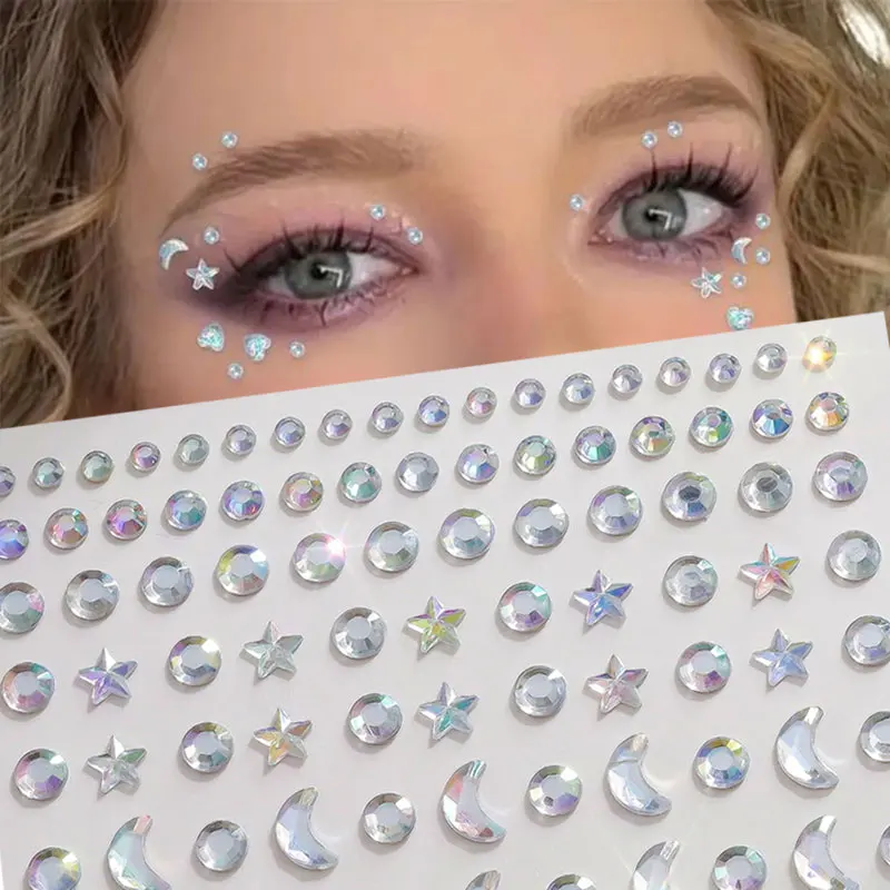 1sheet 3D Aurora Eyes Face Bling Diamond Tattoo Sticker Self Adhesive Star/Moon/Round Gem Rhinestones Cute Face Hair Nail Suppli