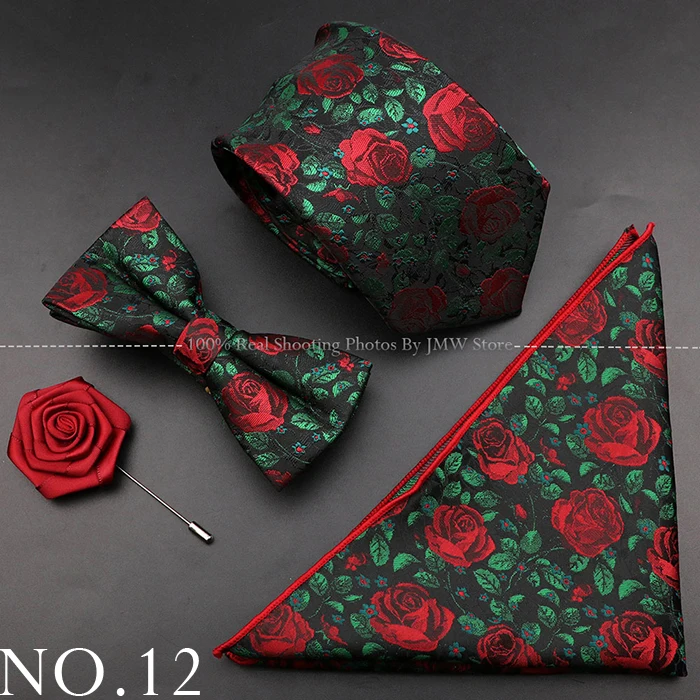Neue Rose Blumen Männer Krawatte Set Polyester Jacquard gewebte Krawatte Fliege Anzug Vintage rot rosa für Bräutigam Business Hochzeits feier Geschenk – Detail 12