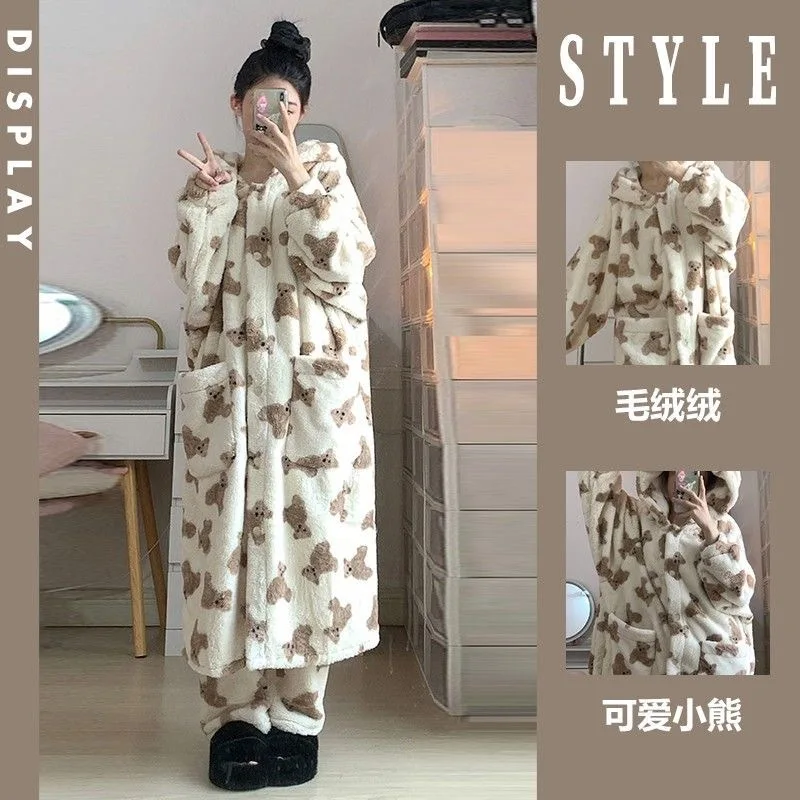

Winter Coral Fleece Pajamas Women's Cute Little Bear Thickened Long Robe Home Wear Girl Cartoon Sleepwear Casual Loungewear