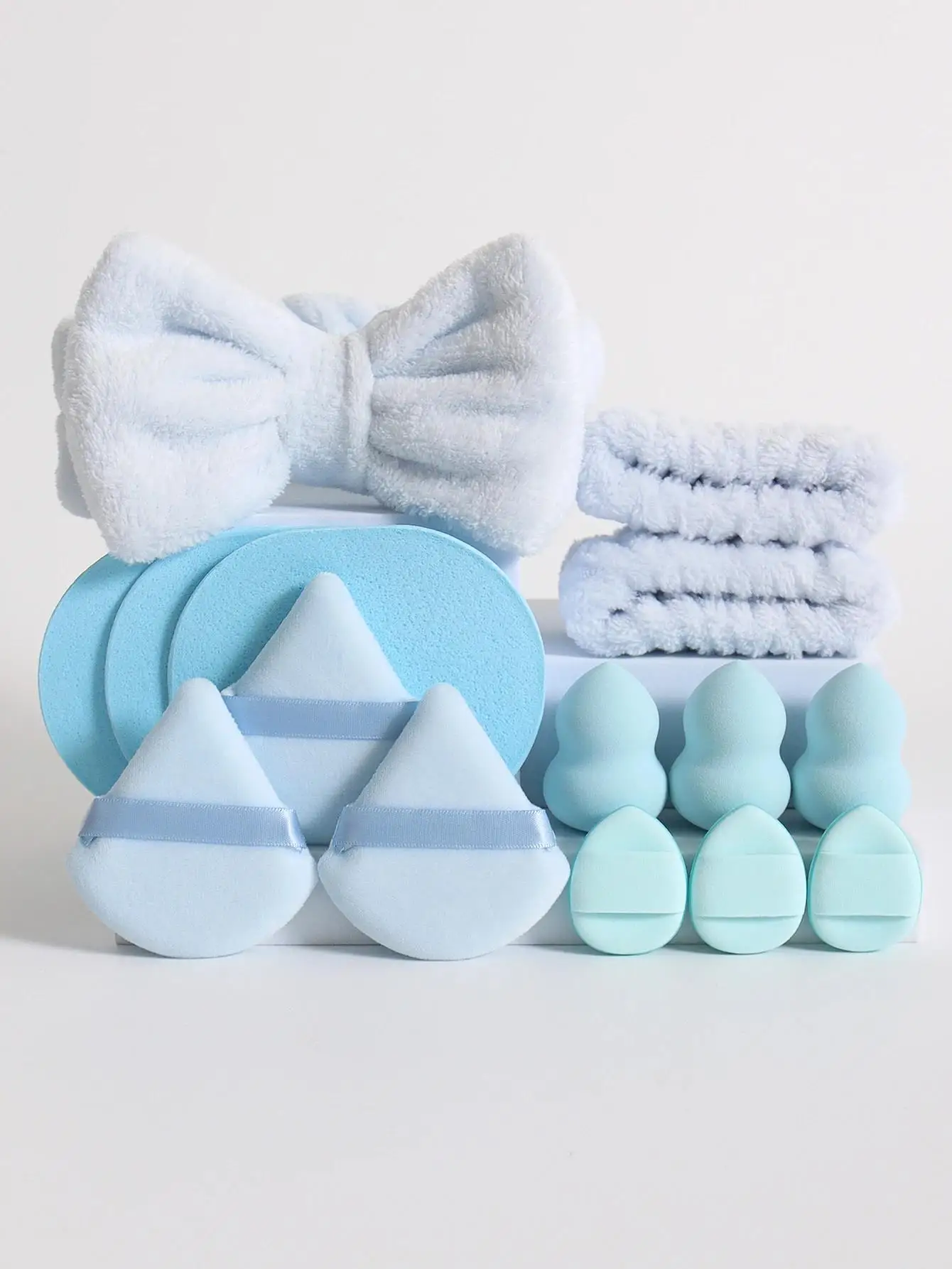 Juego de 15 diademas esponjosas multicolores y esponja de maquillaje, estilo dulce, asistente de belleza perfecto 2030