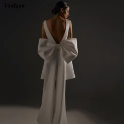Simple Satin Short Wedding Dresses Customized Big Bow V-neck Above Knee Backless Formal Prom Party Dress Women Bridal Gowns