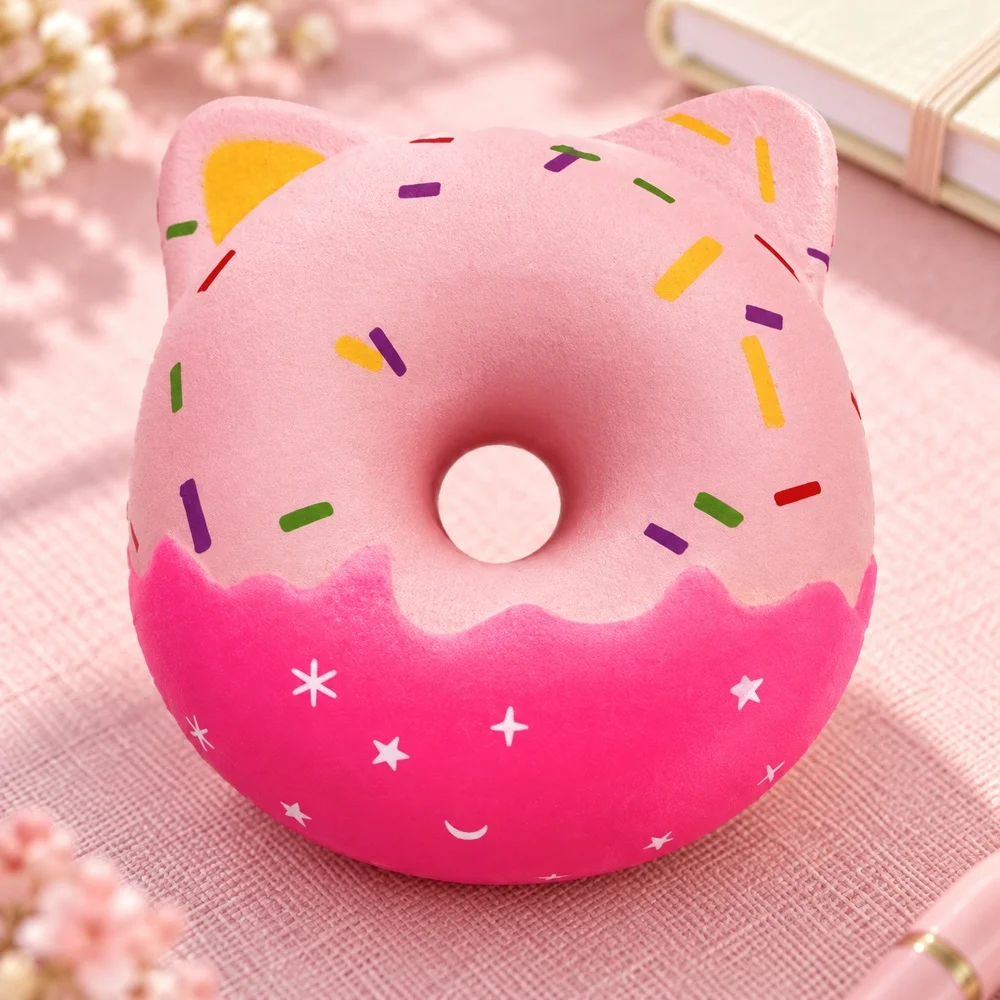 Cat Donut Squishy Toy Soft PU Slow Rising Foam Pink Ring Colorful Sprinkles Stars Squeeze Fidget Desk Gift for Teens and Adults