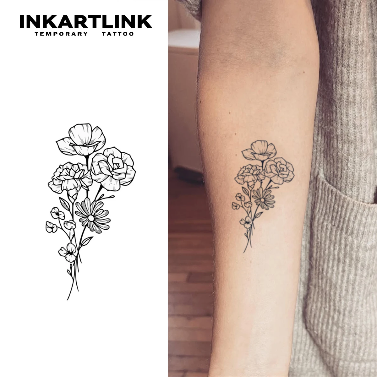 

Flowers temporary tattoo sticker, waterproof magic tattoo, lasts to 15 days fake tattoo, semi permanent tattoo