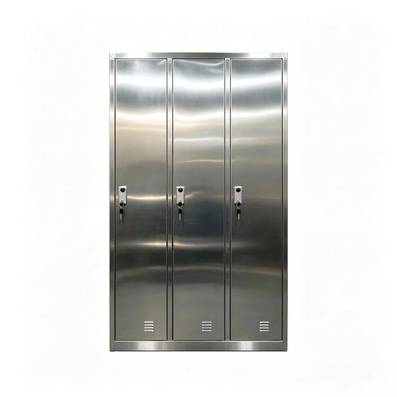 modern stainless steel lockers with electronic locks, multiple doors, suitable for employees to use in offices, schools, gyms