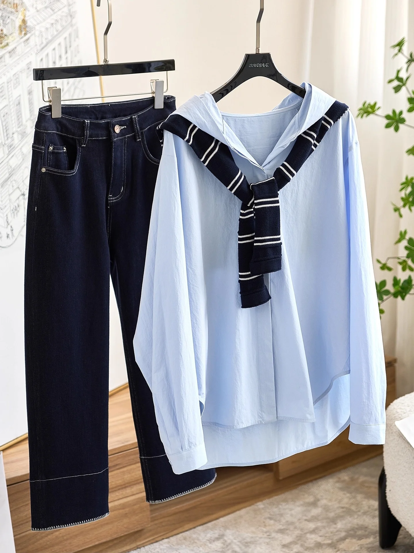 

Loose Knitted oulder Wrap Long Sve Striped Blue irt Top Set Original Design Cotton Pure Comfort Breathable Autumn Faion