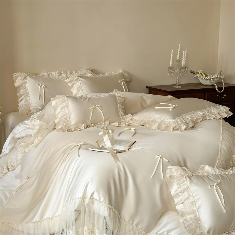 Vintage French Lace Ruffles Bow Bedding Set 60S Lyocell Cotton Soft Silky Duvet Cover Set Flat/Fitted Bed Sheet Pillowcases 4Pcs