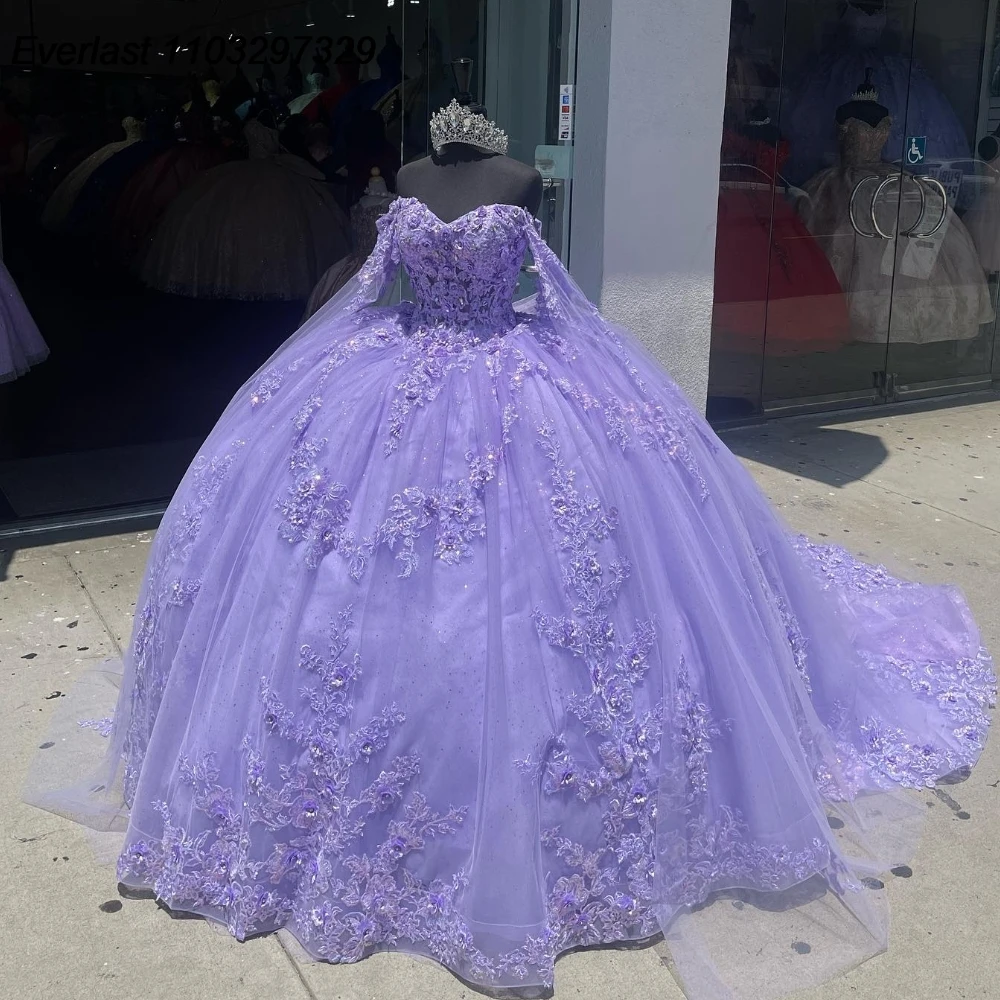 EVLAST Customized Lavender Lilac Quinceanera Dress Ball Gown Lace Applique Beading Cape Sweet 16 Vestido De 15 Anos QD1066