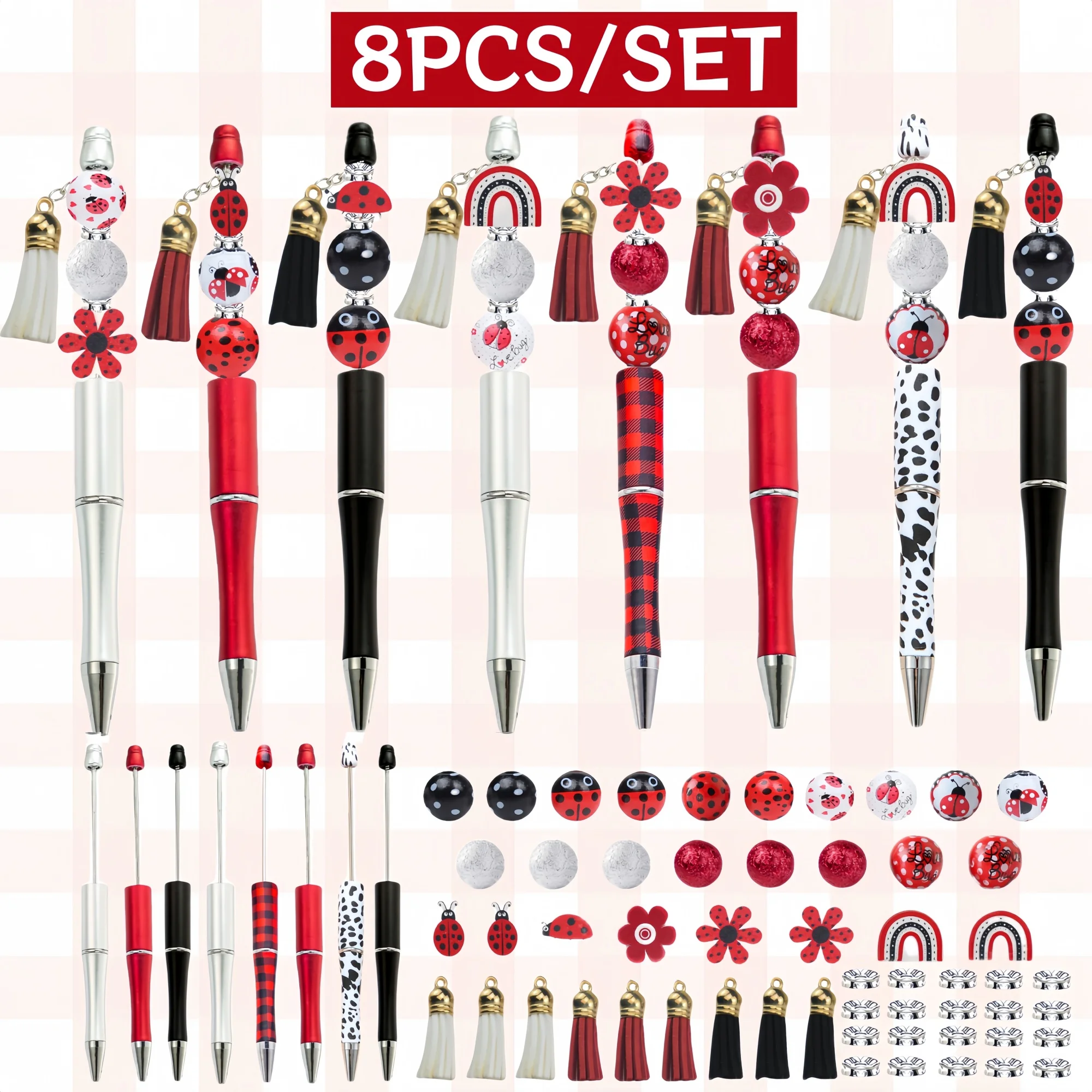 

8 шт., новинка весны и лета, красная семизвездочная божья коровка и цветочная тема животного, ручка из бисера «сделай сам», набор деревянных бусин, офисные и учебные принадлежности