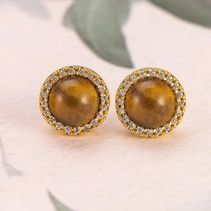 

S925 Серебряные иглы Корейские коричневые серьги «Тигровый глаз» «кошачий глаз» 2025 Новые индивидуальные и стильные дикие и простые серьги, ювелирные изделия B