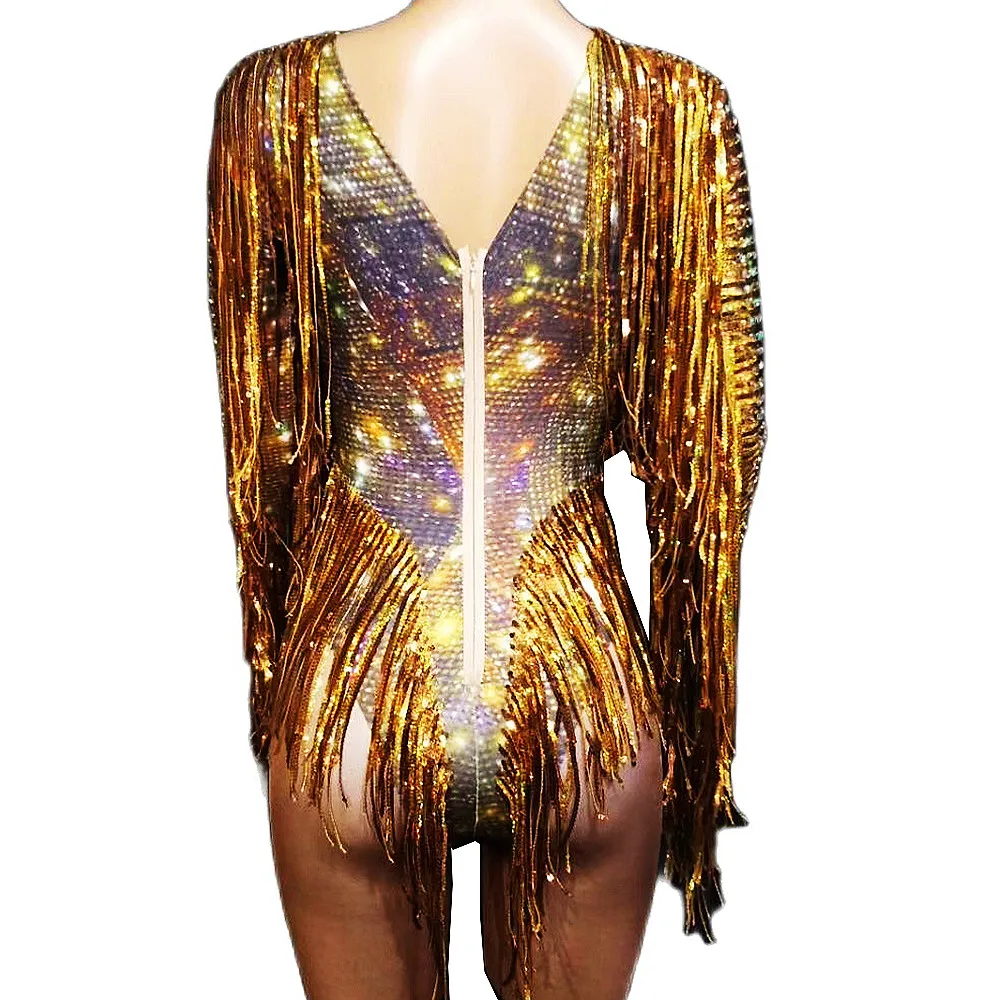 Gold Shining Rhinestones Tassel Long Sleeves Sexy Jumpsuits For Women Fashion Show Model Costume Party Club Clothing Prom Wear