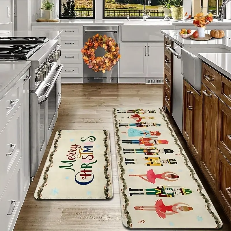 VIKAMA Cute Nutcracker Christmas Kitchen Rug, Soldier Ballet Doll Merry Christmas, Rectangular Non-Slip Festive Home Decor