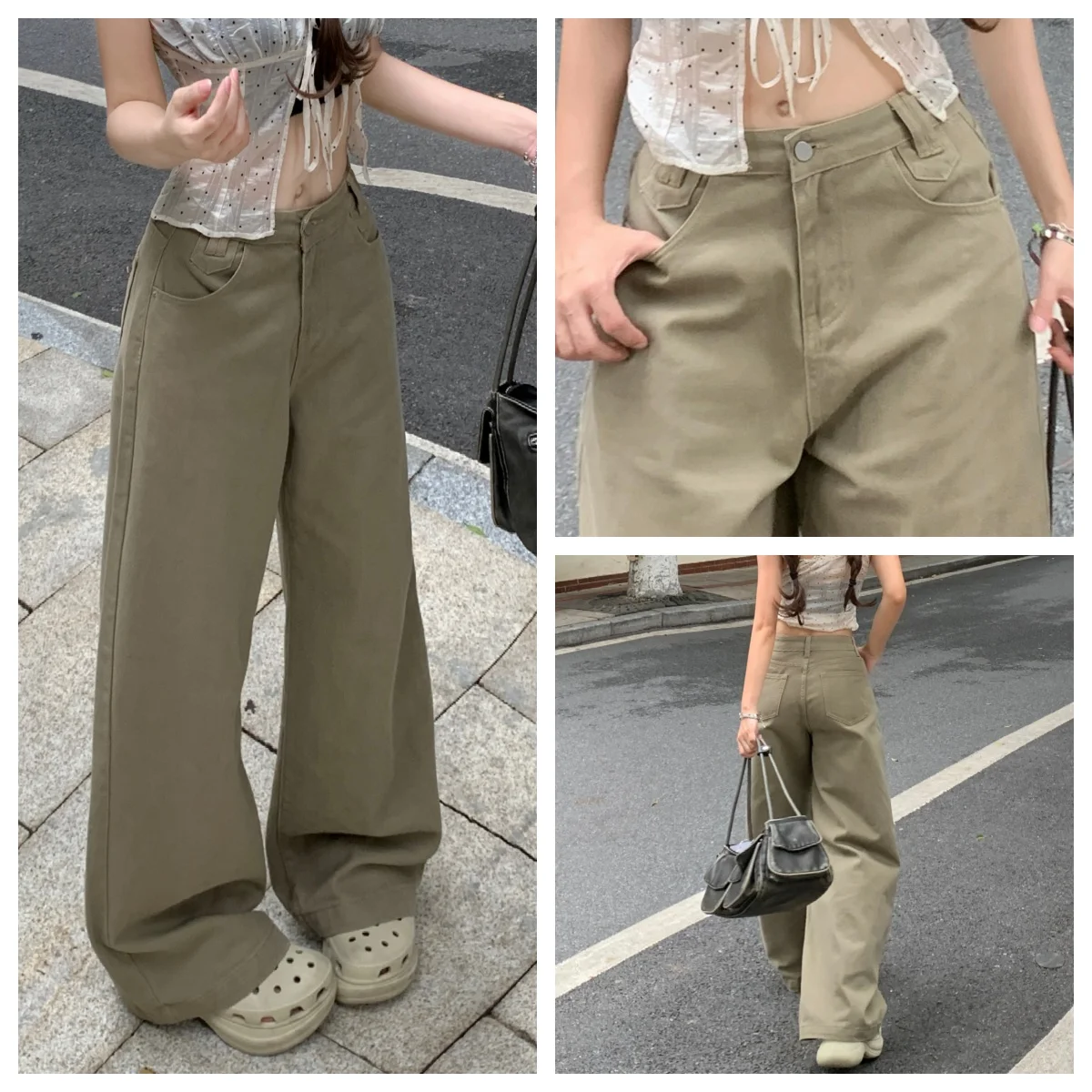 Retro High-Waisted Loose Wide-Leg Women's Pants Khaki Mopping Trousers Spring Autumn 90S Streetwear Straight Cargo Denim Pants