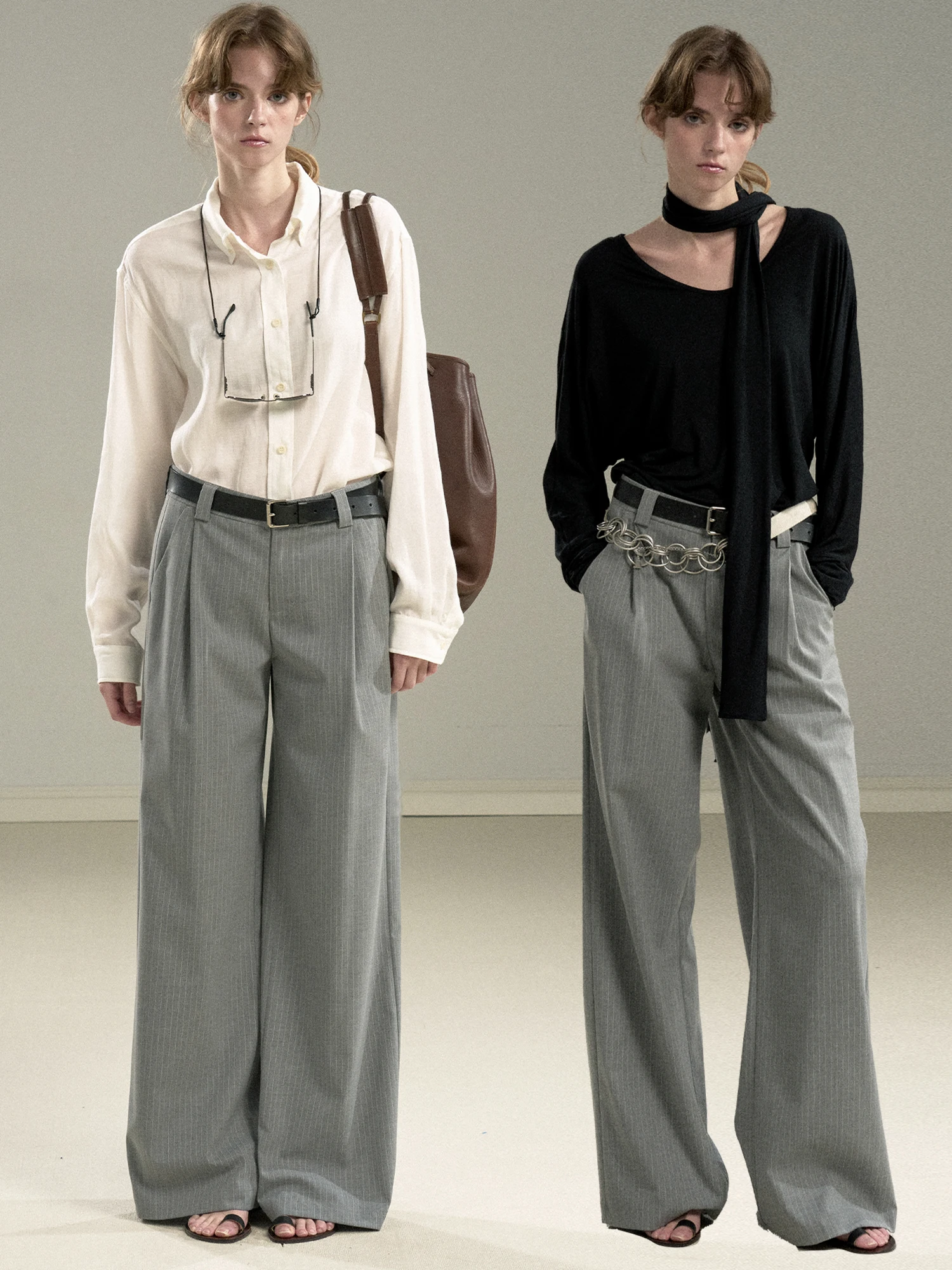 High Waist Loose Casual Pants Women's Suit Striped Floor-Length Wide Leg Trousers Commute Style Polyester Cotton Spandex