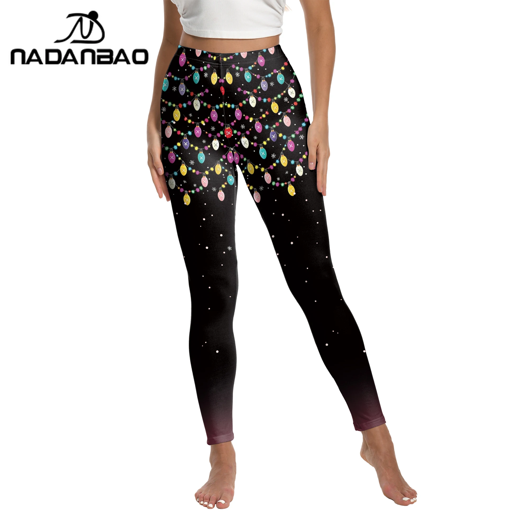Nadanbao النساء عيد الميلاد أضواء الطباعة الملونة طماق أسود منتصف الخصر بسط السراويل عارضة عطلة حزب السراويل الشارع الشهير