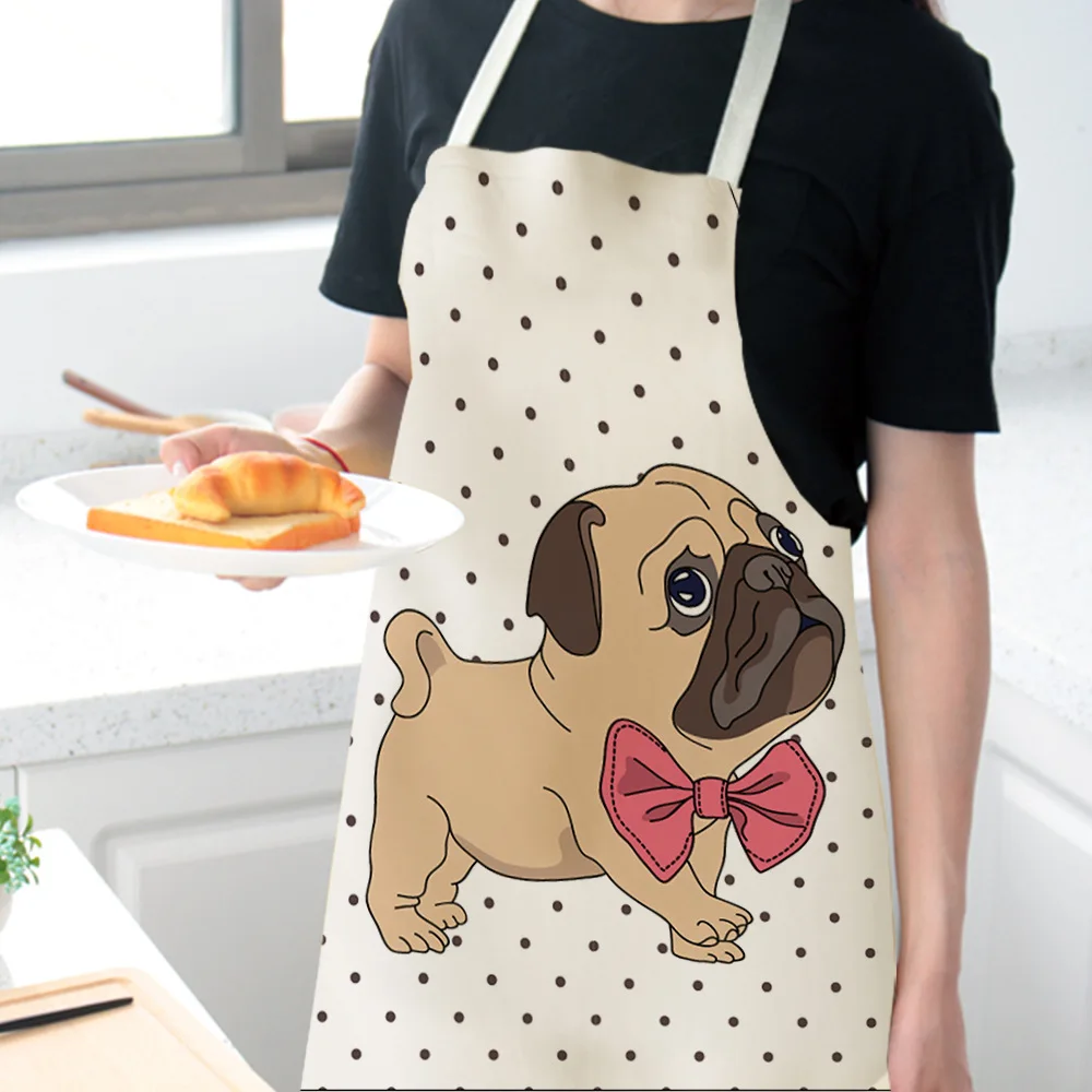 1 Pcs Cotton Linen BullDog Dog Print Kitchen Aprons Unisex Dinner Party Cooking Bib Funny Pinafore Cleaning Apron