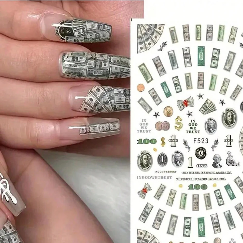 2 Sheets Money Dollar Nail Art Stickers Nail Adhesive Sticker Interesting Nail Decal Holographic 3D Acrylic Nails Supplies Decor