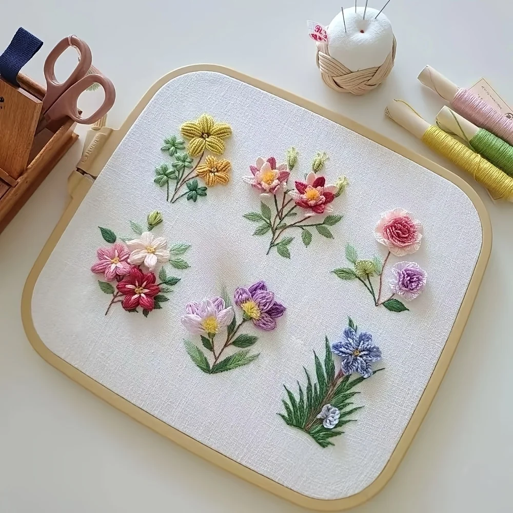 3D handcrafted DIY embroidery kit, includes 6 colorful three-dimensional flowers, perfect for spring decoration. The kit comes w