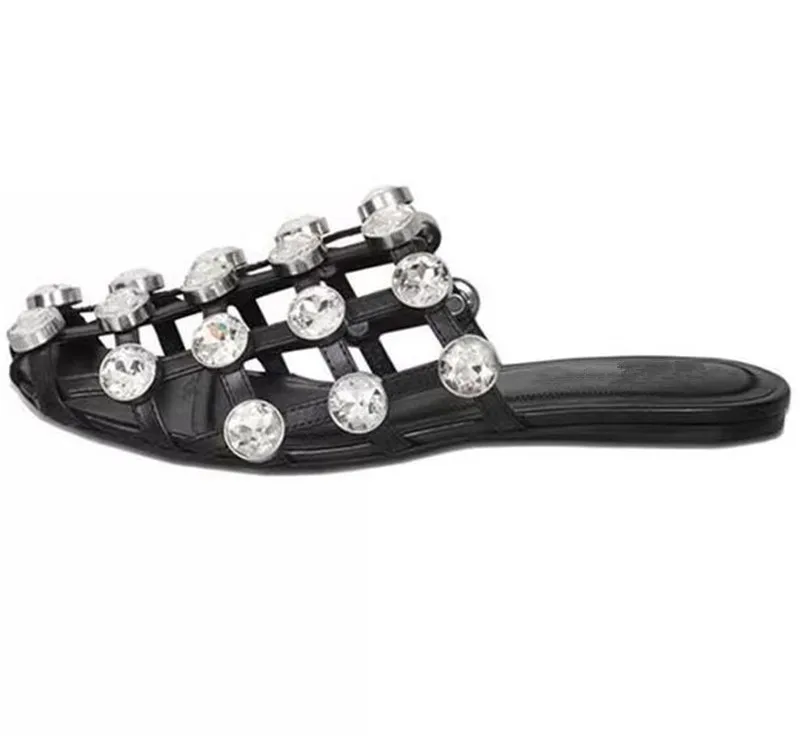 Hollow Outs Rhinestone Slippers Women Round Head Beach  Fashion Crystal Black Leather Flat Summer Retro Slides Shoes Woman