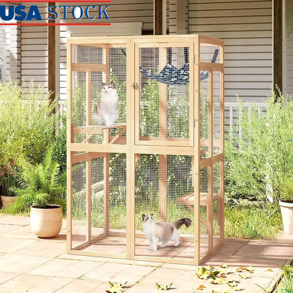 

Outdoor Cat Enclosure Wooden Catio with Interactive Platforms Cozy Hammock Secure Construction Weatherproof Access Cats