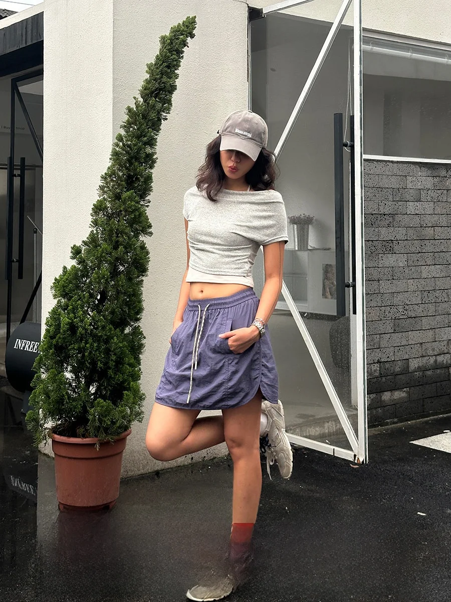 

GOGOBURN American Purple High Waist Dstring Casual Skirt Women Summer Hot Girl A-Line Workwear ort Skirt