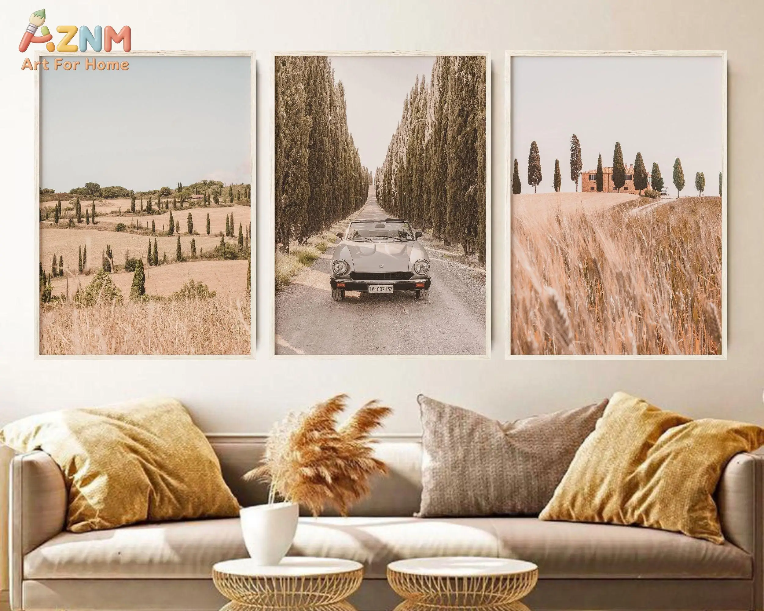 3pcs AZNM Vintage Tuscany Rural Road Convertible Car Canvas Wall Art, Warm Earth Tone Cypress Tree Wheat Field Landscape Poster,