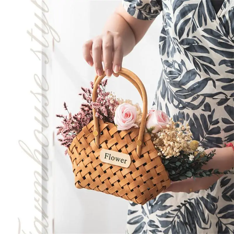 Wicker Baskets Woven Hand-Held Wicker Cachepot For Flowers Bamboo Basket Decorative Flower Girl Basket Storage Baskets