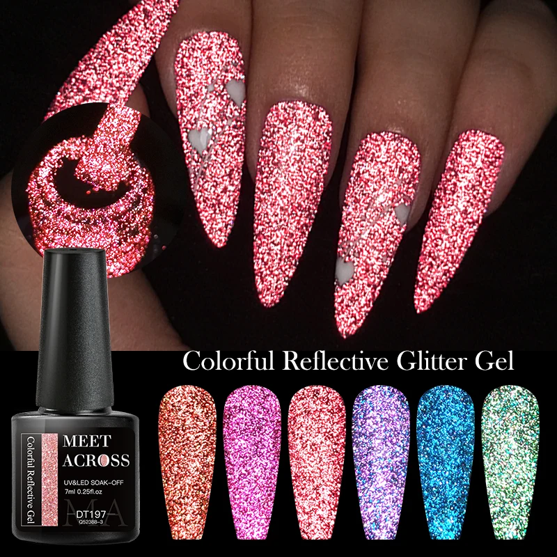 MEET ACROSS 7ml Reflective Glitter Gel Nail Polish Glitter Reflective Effect Semi Permanent UV LED Nail Art Gel Varnish Manicure