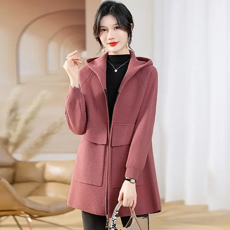 Middle-Aged Women High-End Cashmere Coat Female Elegant Hooded Fashion Mid-Length Wool Outwear Casual Large Size 6xl Outcoat