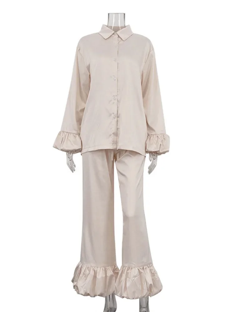 Nouveau décontracté ample femmes pantalons tenues femmes à volants élégant solide chemises haut et taille haute pantalon ensembles femme 2 pièces-ensemble