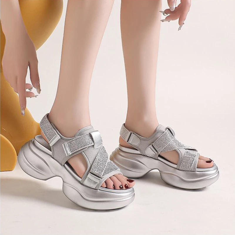 

Summer Casual Rhinestone Thick-soled Sandals Women Roman Outdoor Casual Sandals Heightening Light Comfort Sports Flat Sandals